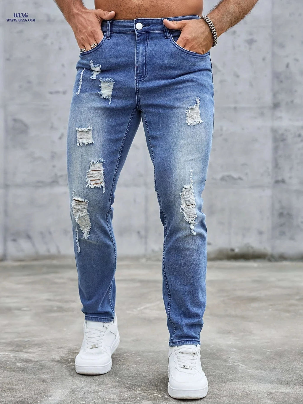 Men's Distressed Skinny Jeans - Mid-Rise Zipper Fly Casual Pants   OAXG Blue / FR S