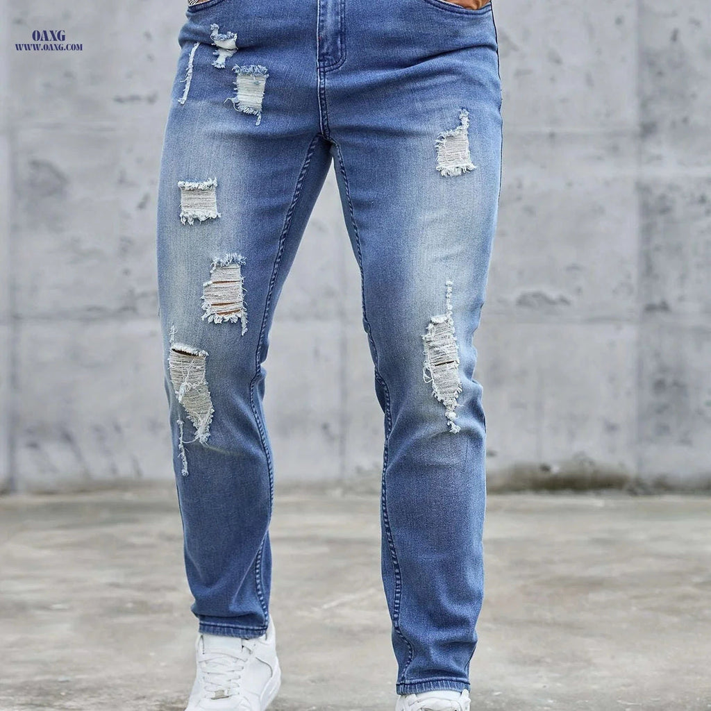 Men's Distressed Skinny Jeans - Mid-Rise Zipper Fly Casual Pants   OAXG Blue / FR S