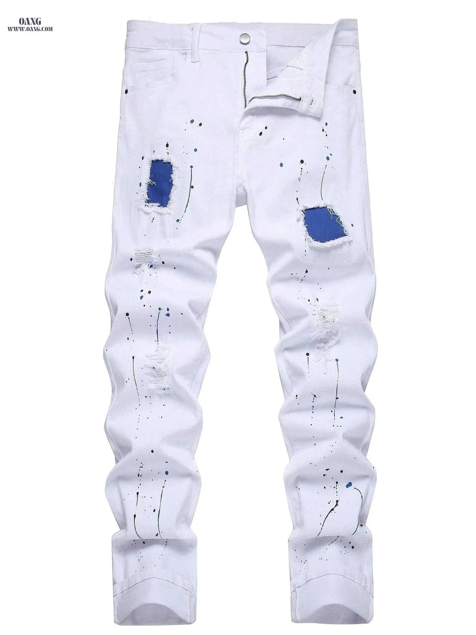 Men’s Distressed Slim Fit Denim - All-Season Streetwear Style   OAXG White / 28