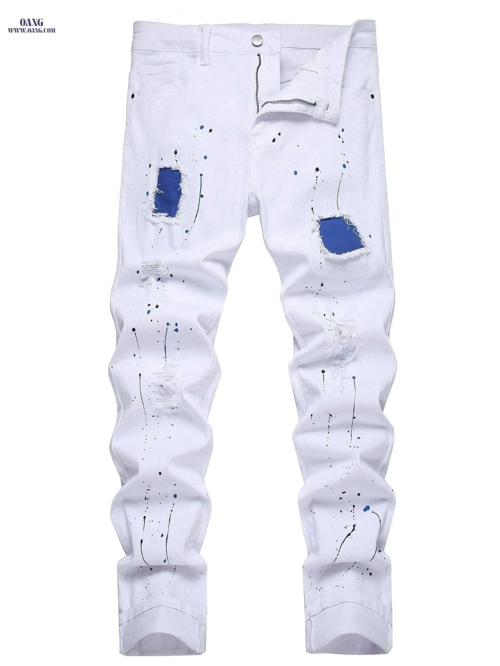 Men’s Distressed Slim Fit Denim - All-Season Streetwear Style   OAXG White / 28