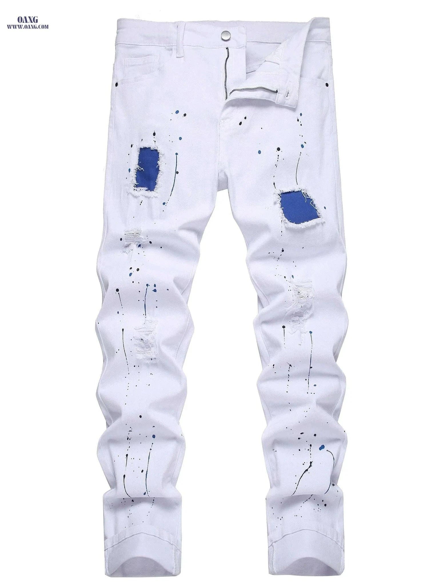Men’s Distressed Slim Fit Denim - All-Season Streetwear Style   OAXG White / 28