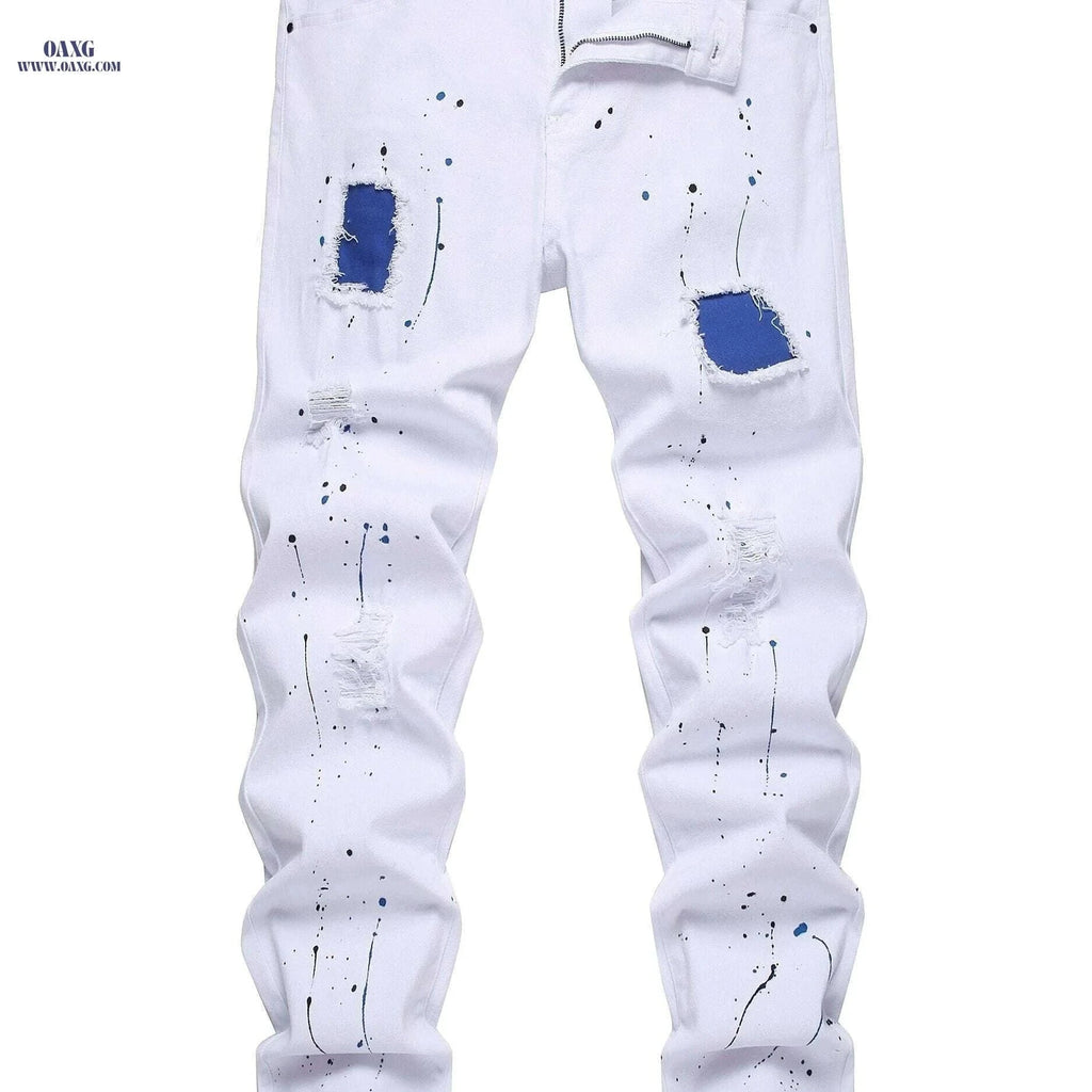 Men’s Distressed Slim Fit Denim - All-Season Streetwear Style   OAXG White / 28