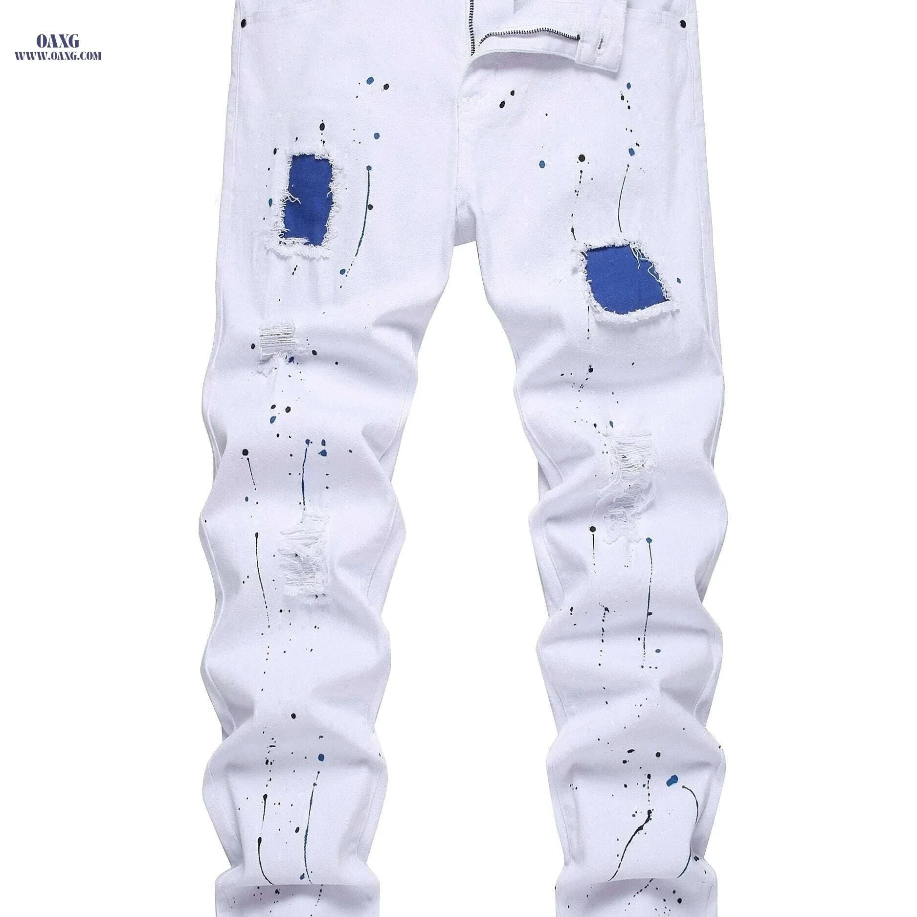 Men’s Distressed Slim Fit Denim - All-Season Streetwear Style   OAXG White / 28