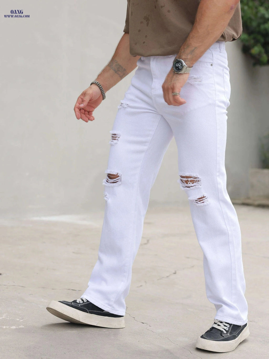 Men's Distressed Straight-Leg Pants - Casual Fit, Machine Washable   OAXG 
