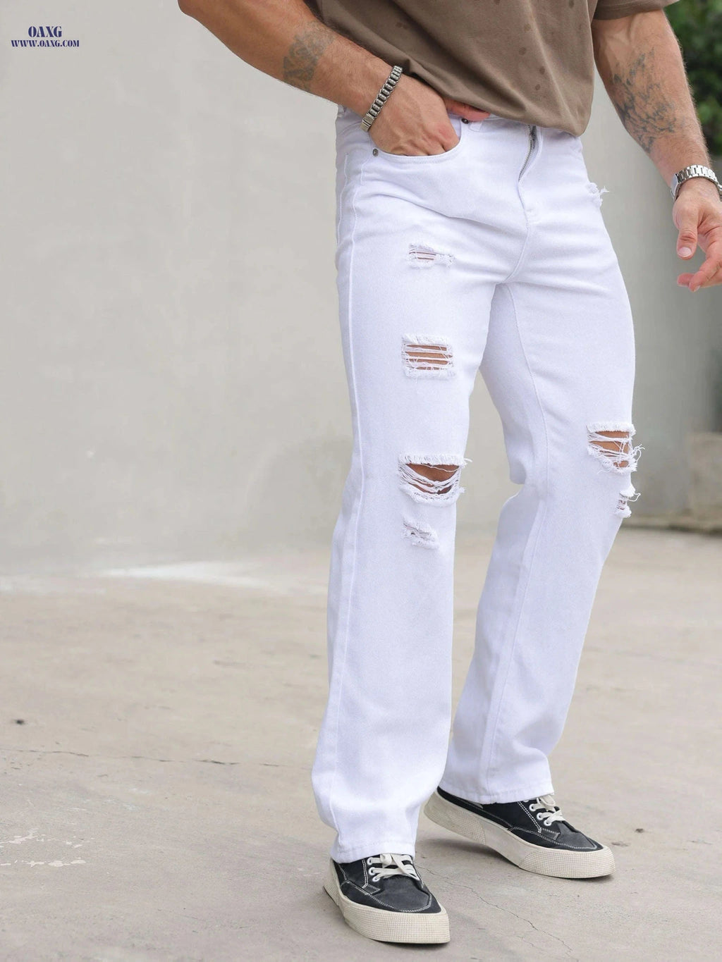 Men's Distressed Straight-Leg Pants - Casual Fit, Machine Washable   OAXG 