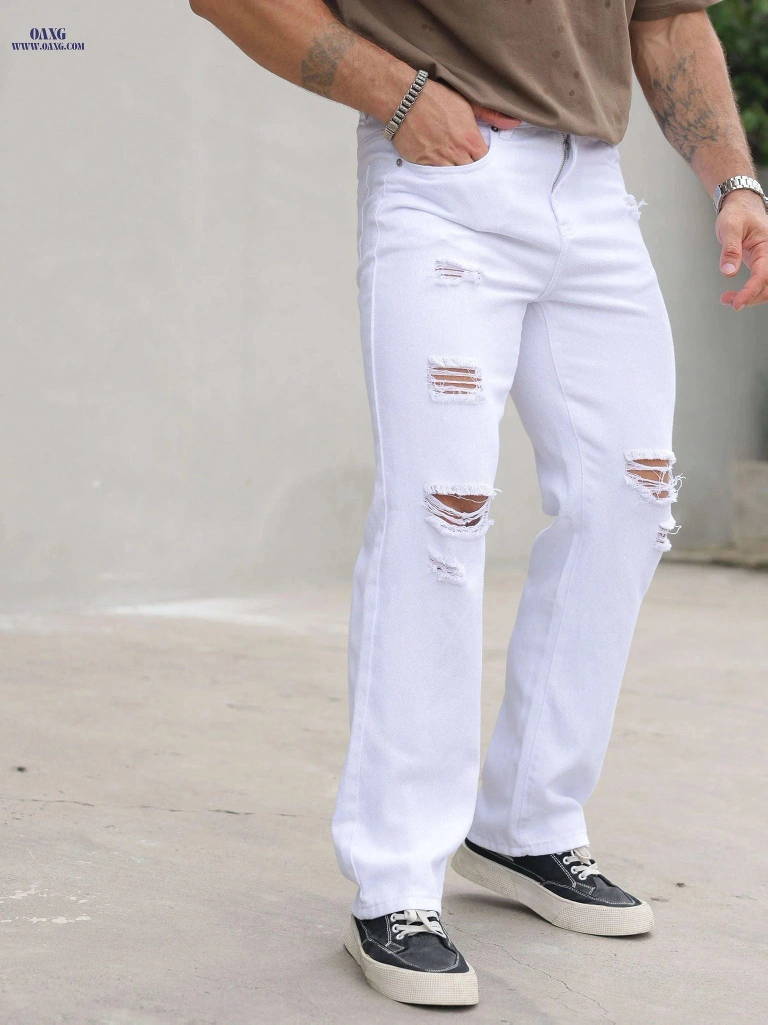 Men's Distressed Straight-Leg Pants - Casual Fit, Machine Washable   OAXG 