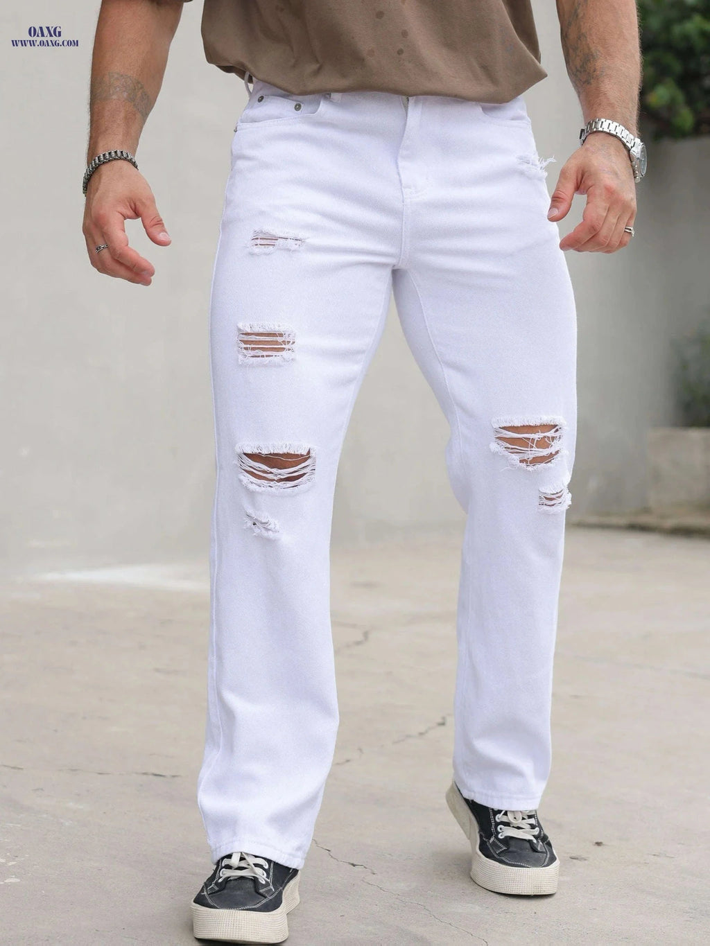 Men's Distressed Straight-Leg Pants - Casual Fit, Machine Washable   OAXG 