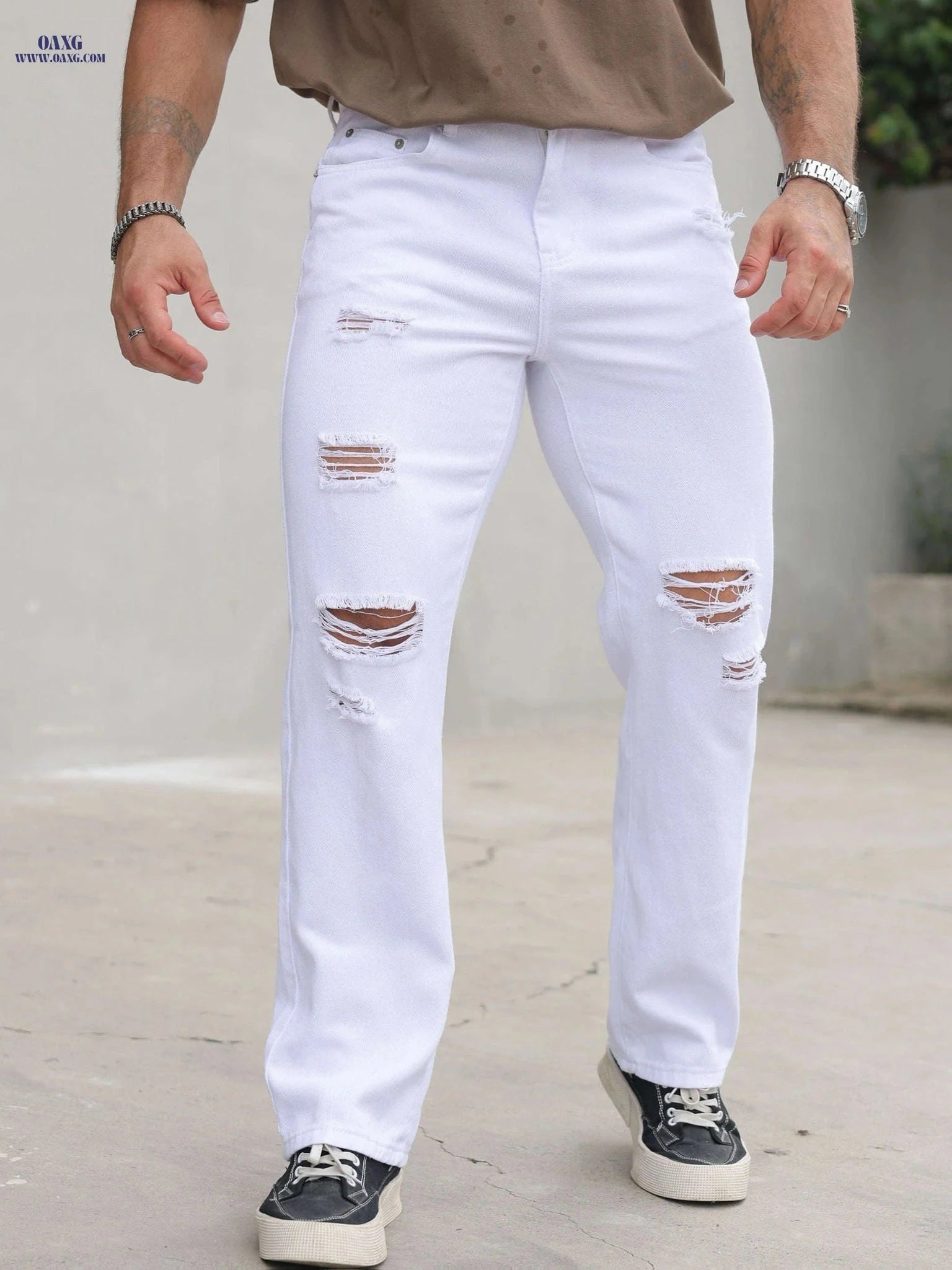 Men's Distressed Straight-Leg Pants - Casual Fit, Machine Washable   OAXG 