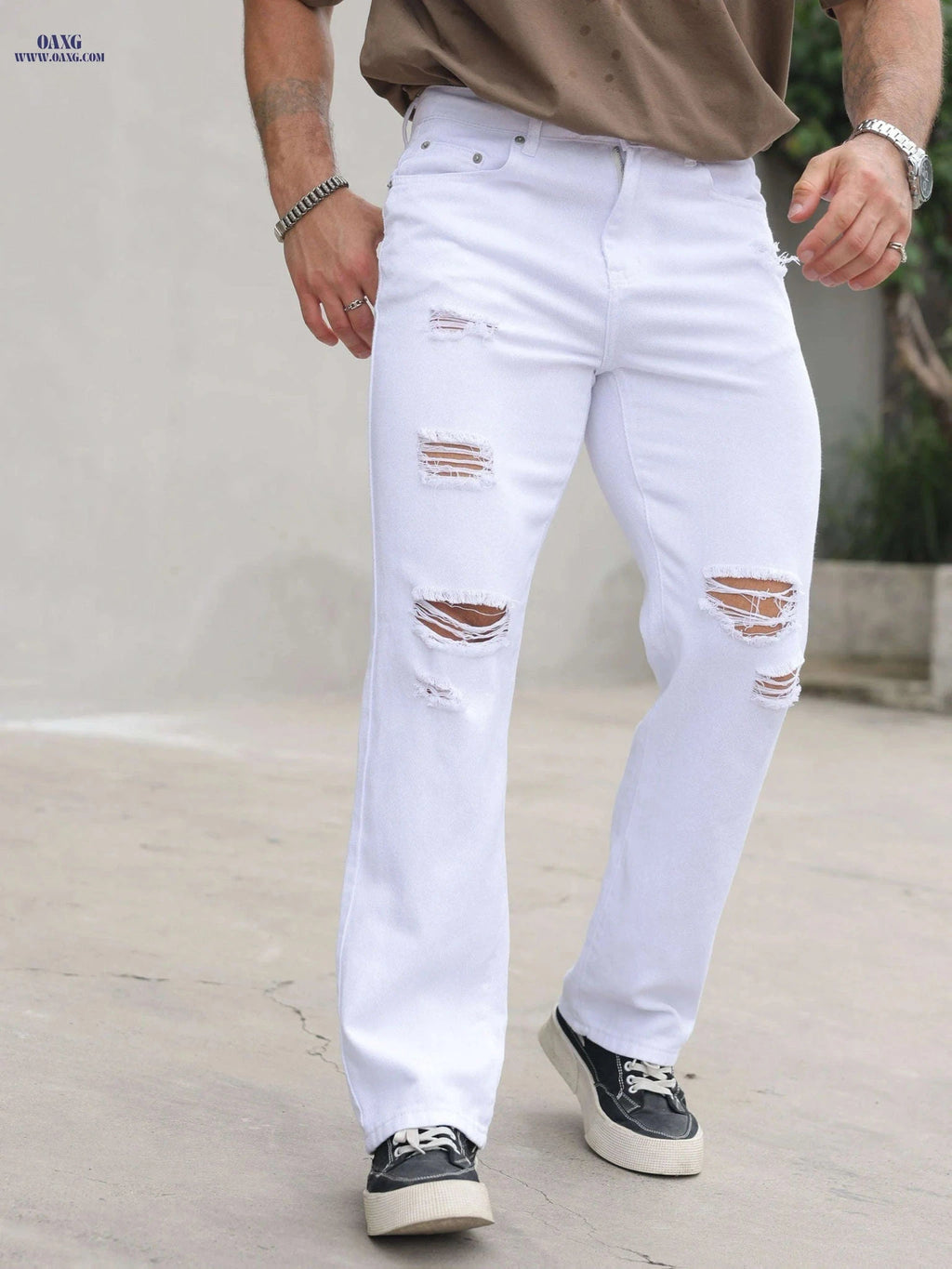 Men's Distressed Straight-Leg Pants - Casual Fit, Machine Washable   OAXG White / FR 34-36