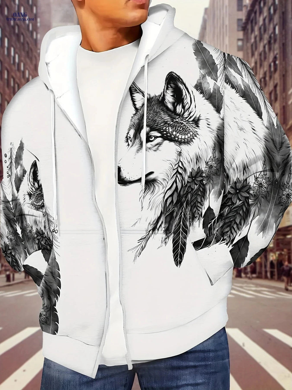 Men's Dog Pattern Hoodie - Long Sleeve Casual Jacket with Drawstring   OAXG 