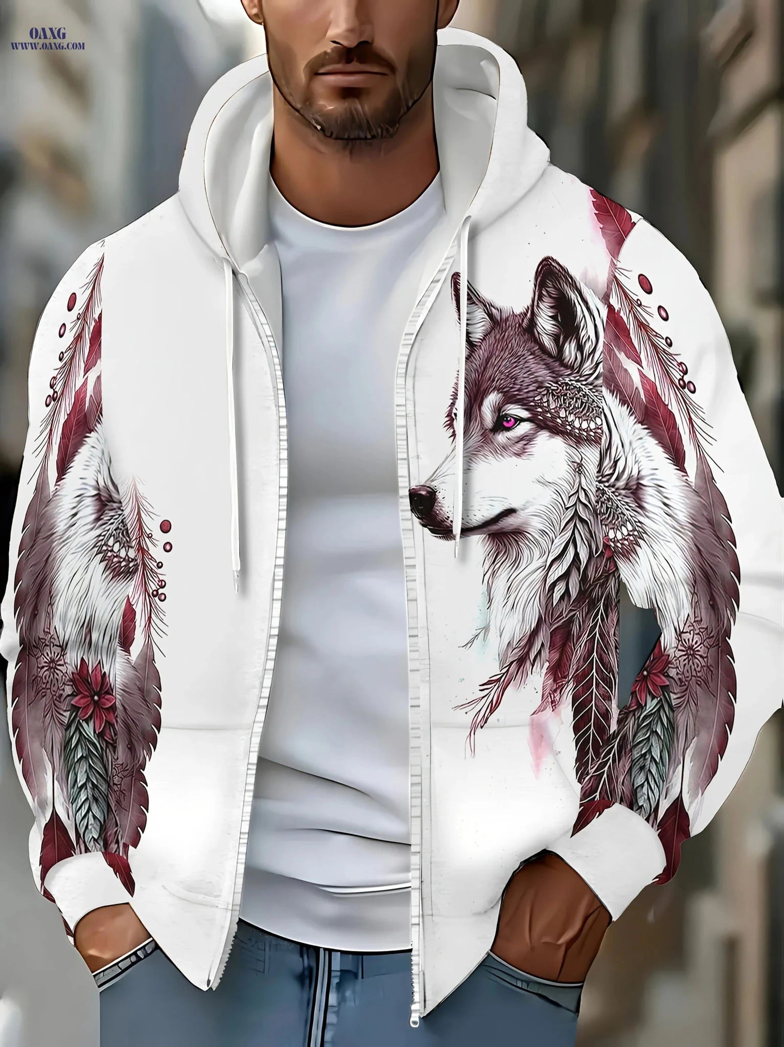 Men's Dog Pattern Hoodie - Long Sleeve Casual Jacket with Drawstring   OAXG Silvery Grey / FR M