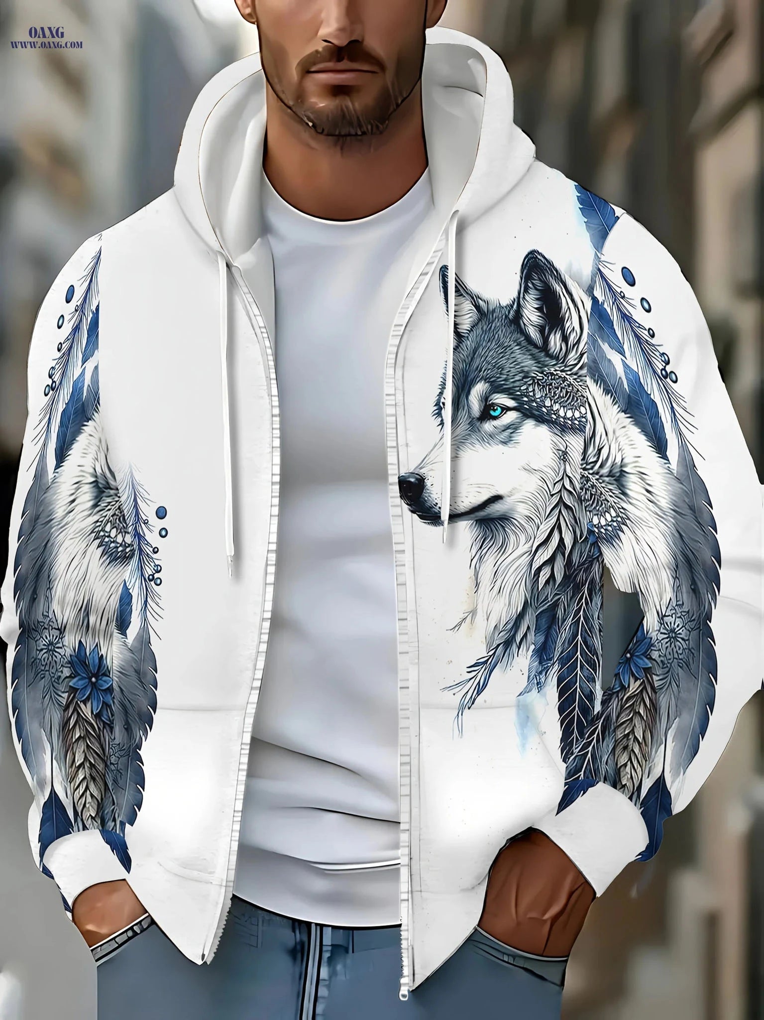 Men's Dog Pattern Hoodie - Long Sleeve Casual Jacket with Drawstring   OAXG Silvery Grey / FR M