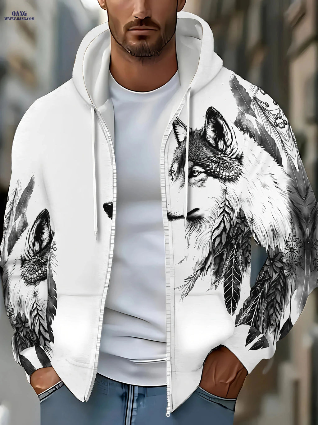 Men's Dog Pattern Hoodie - Long Sleeve Casual Jacket with Drawstring   OAXG Silvery Grey / FR M