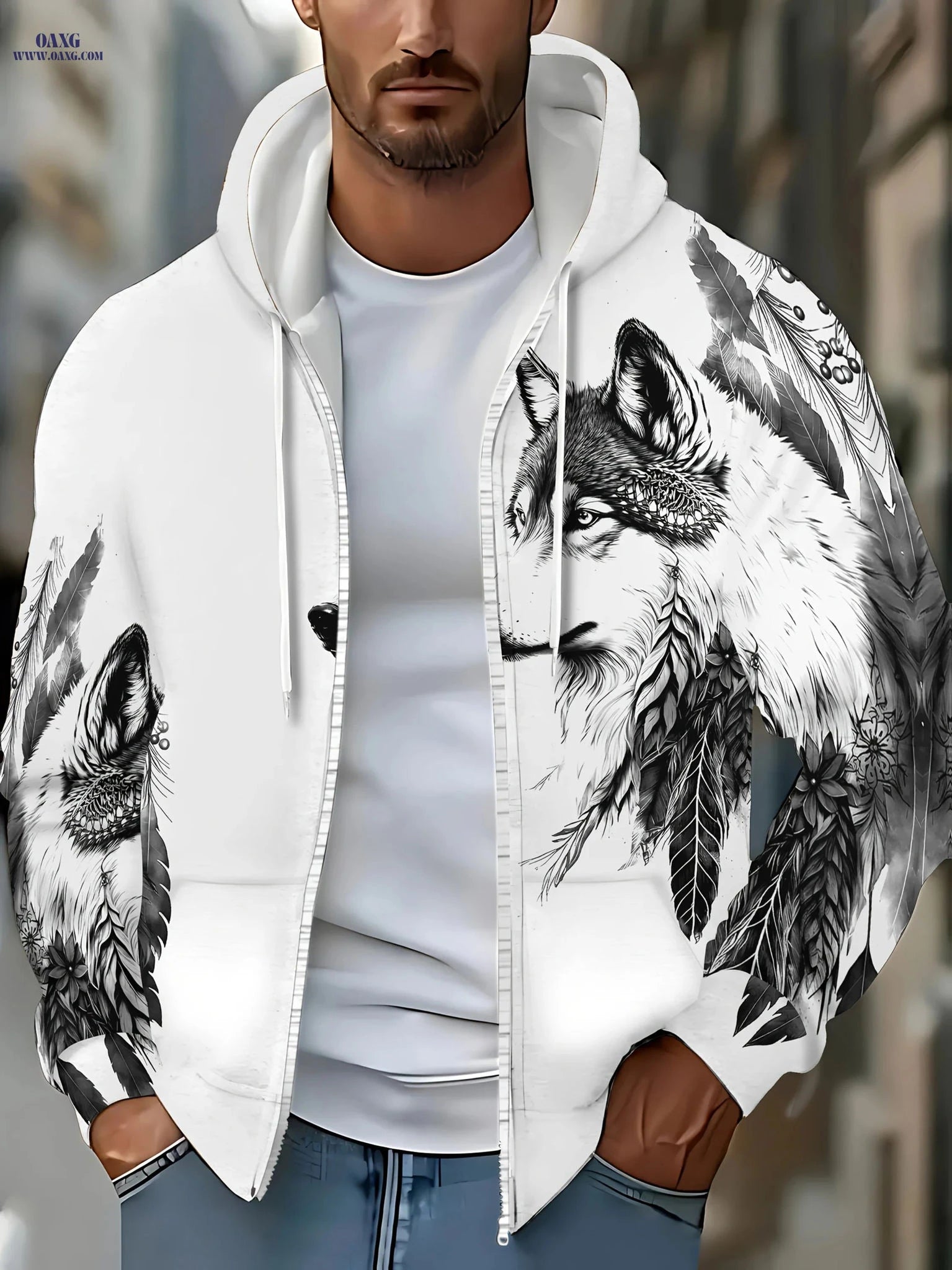Men's Dog Pattern Hoodie - Long Sleeve Casual Jacket with Drawstring   OAXG Silvery Grey / FR M