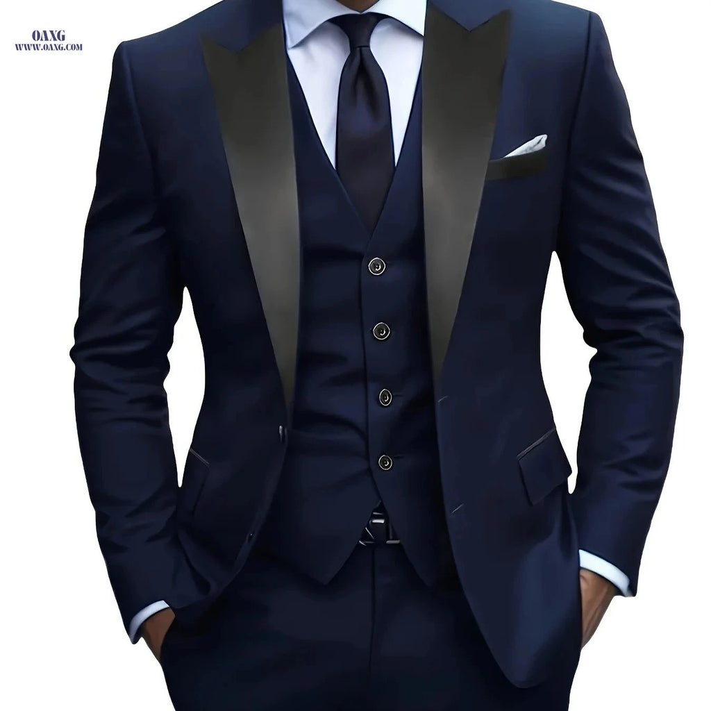 Men's Double-Breasted Suit Set - Notch Lapel for Work & Events   OAXG Navy Color / FR XXS