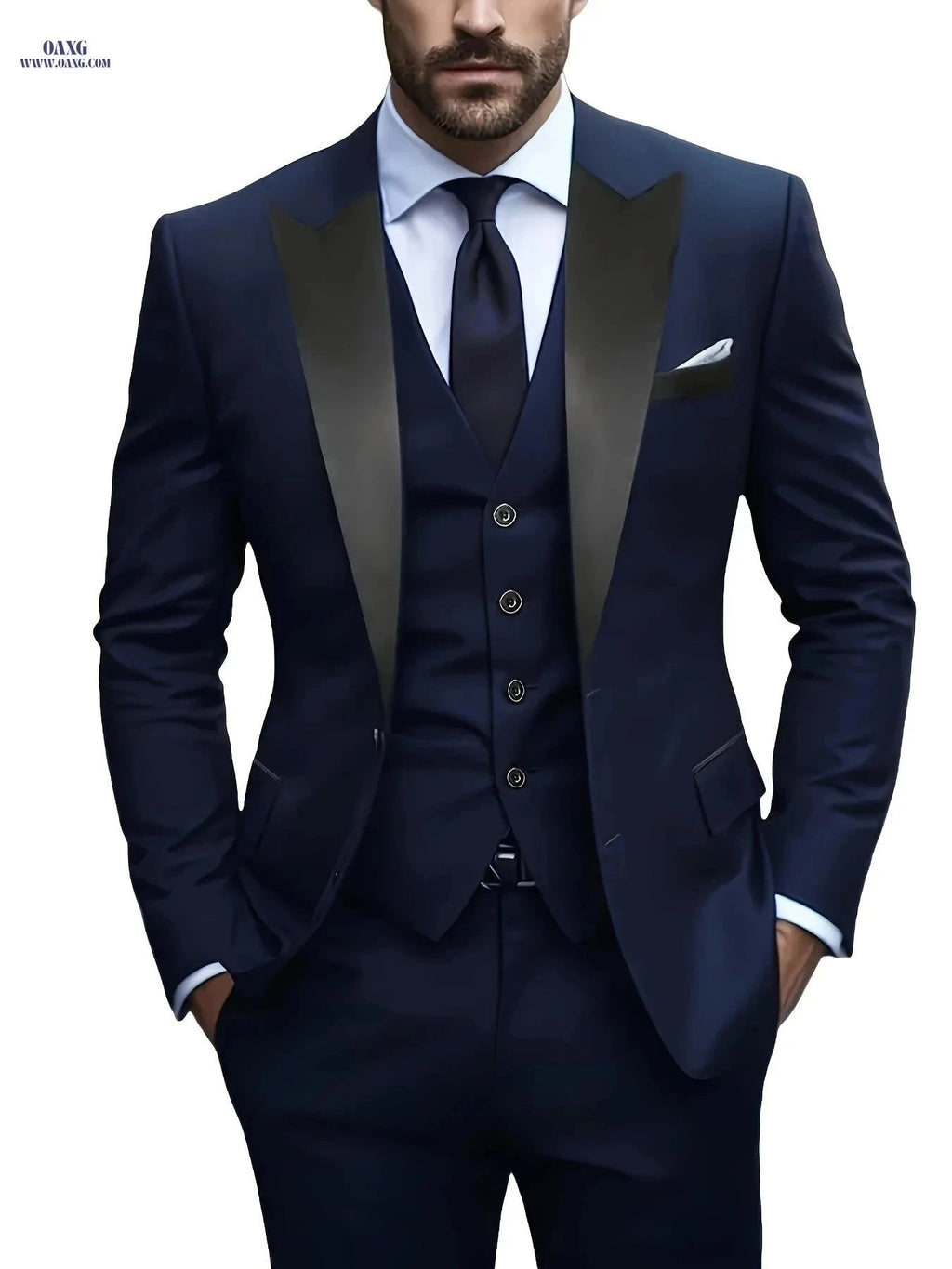 Men's Double-Breasted Suit Set - Notch Lapel for Work & Events   OAXG Navy Color / FR XXS