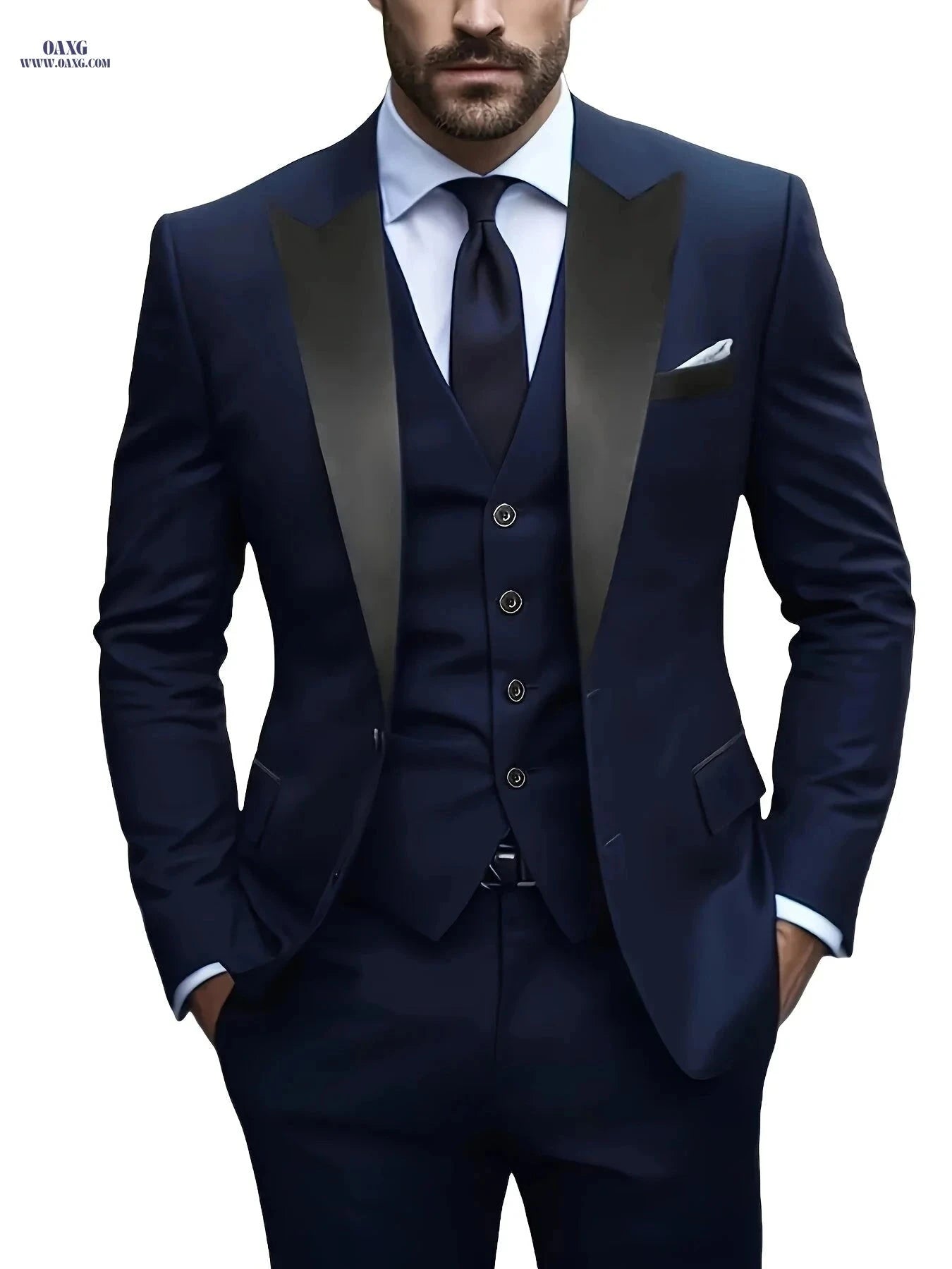 Men's Double-Breasted Suit Set - Notch Lapel for Work & Events   OAXG Navy Color / FR XXS