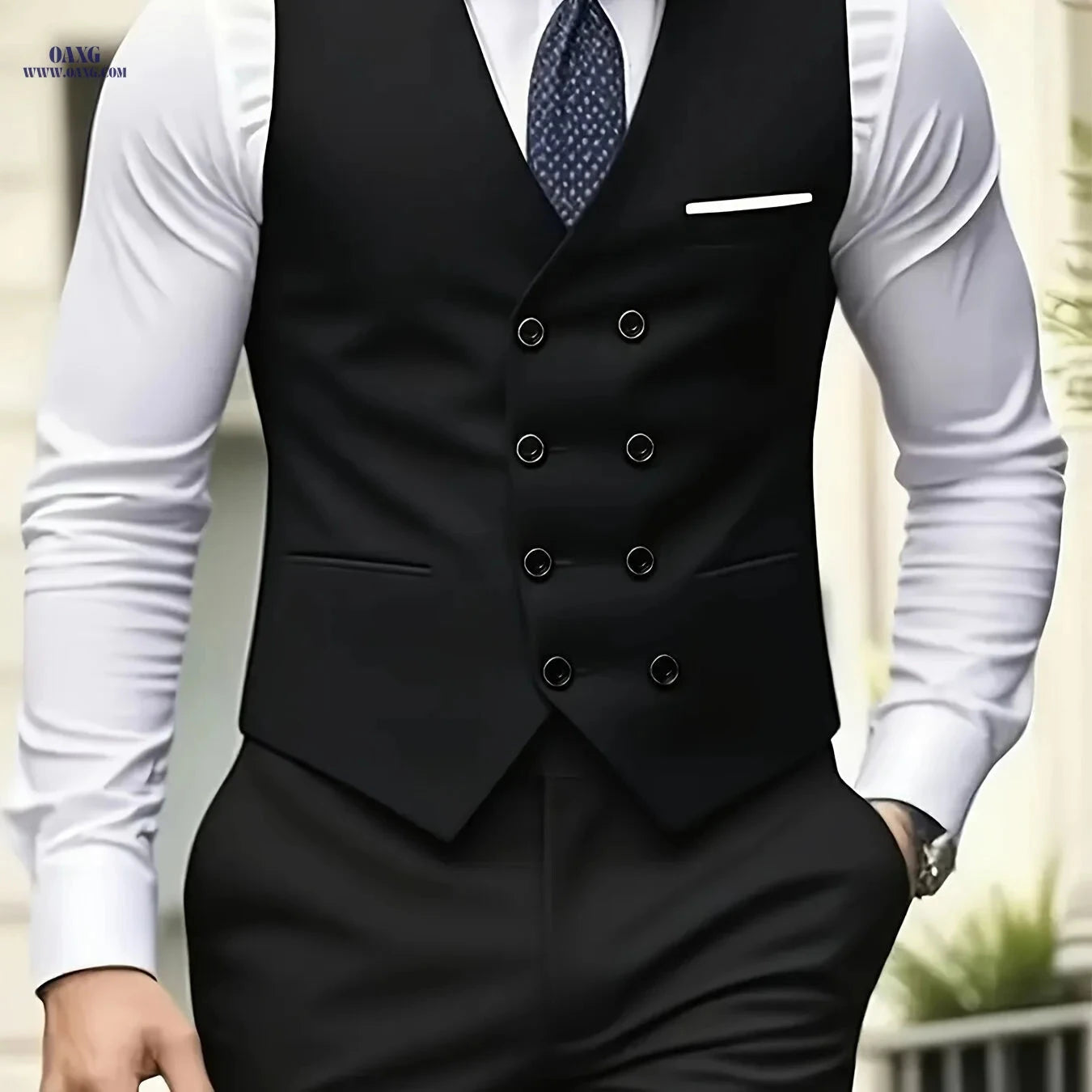 Men's Double-Breasted Suit Vest - Formal Office & Party Style   OAXG Black / FR XXS
