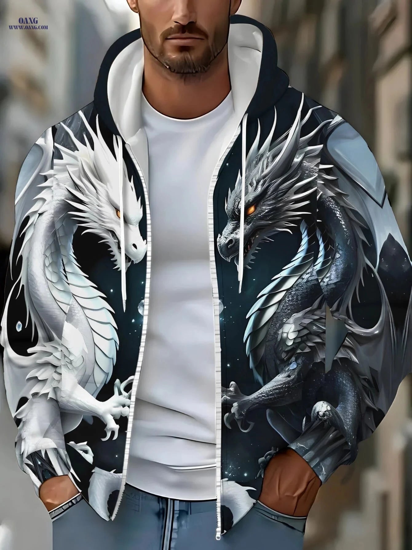 Men's Dragon Print Zip-Up Hoodie - Lightweight & Durable for Travel   OAXG 