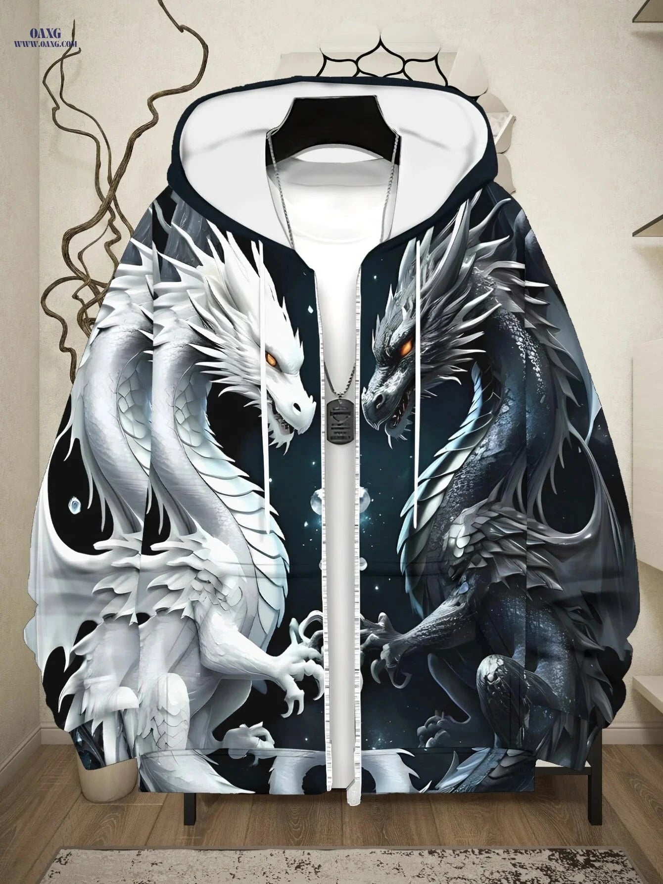 Men's Dragon Print Zip-Up Hoodie - Lightweight & Durable for Travel   OAXG 