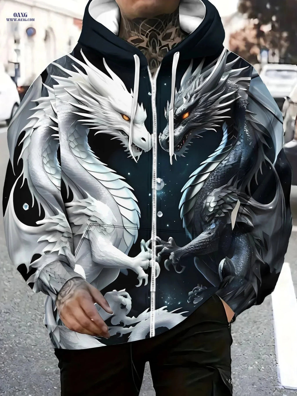 Men's Dragon Print Zip-Up Hoodie - Lightweight & Durable for Travel   OAXG 【Multicolor】 / FR M