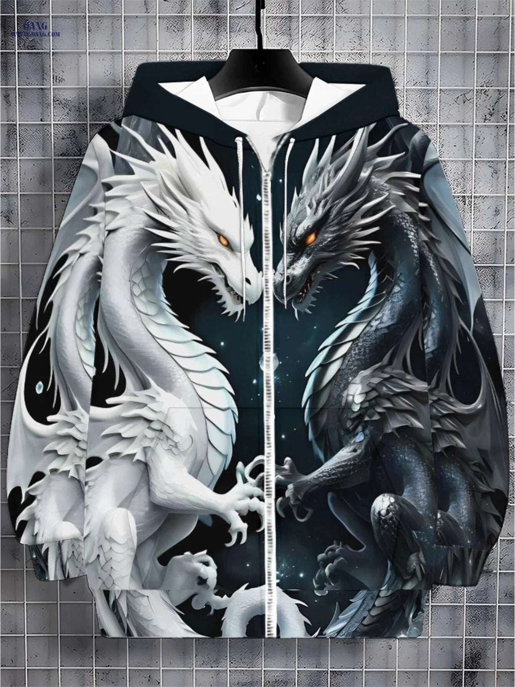 Men's Dragon Print Zip-Up Hoodie - Lightweight & Durable for Travel   OAXG 【Multicolor】 / FR M