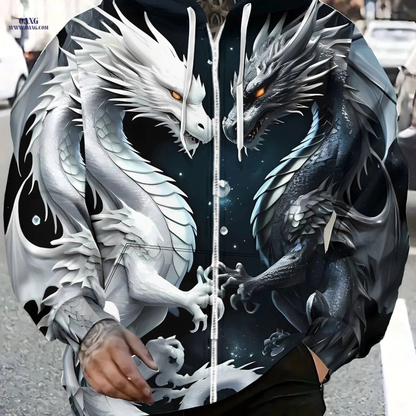 Men's Dragon Print Zip-Up Hoodie - Lightweight & Durable for Travel   OAXG 