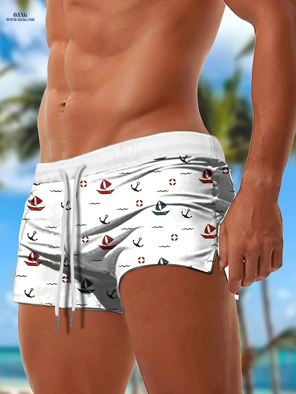 Men's Drawstring Boat Anchor Trunks - Casual Summer Swimwear   OAXG 