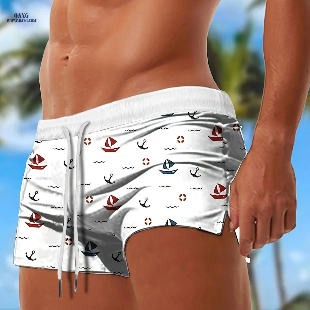 Men's Drawstring Boat Anchor Trunks - Casual Summer Swimwear   OAXG White / FR M