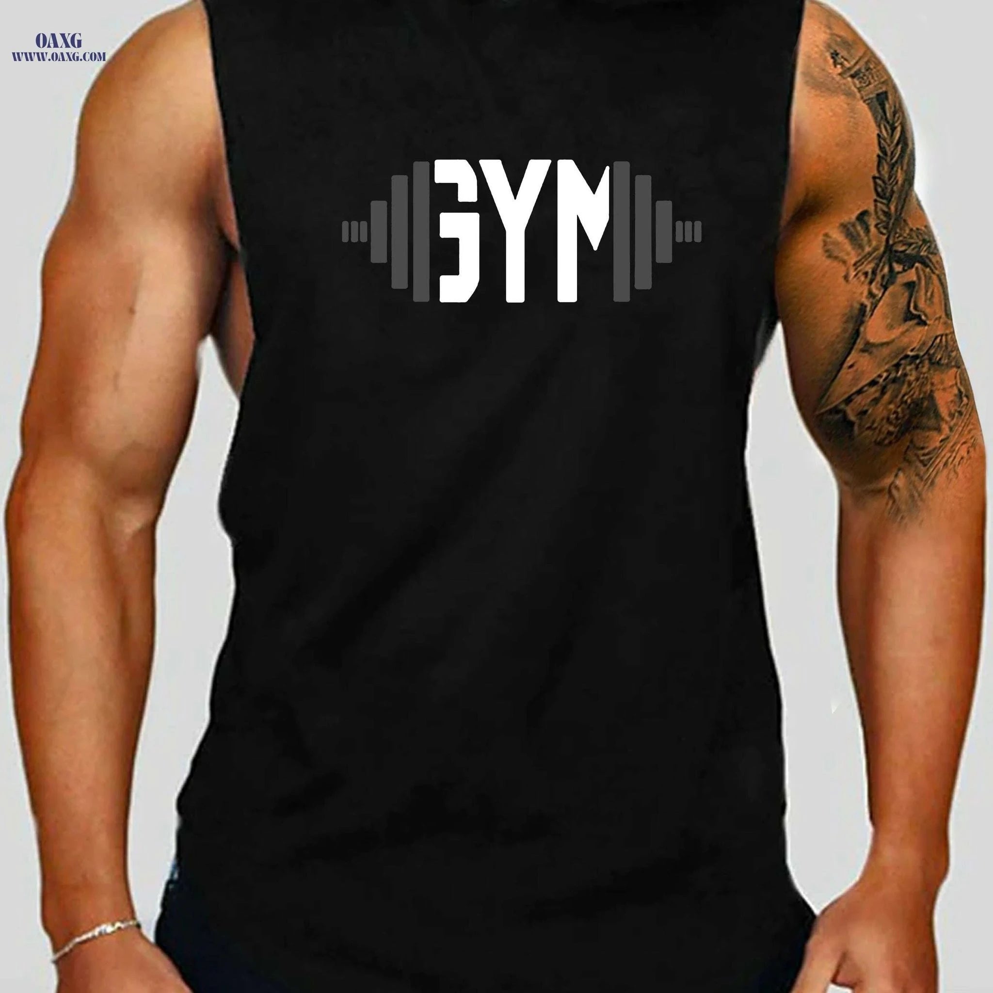 Men's Dumbbell Print Drawstring Hoodie - Casual Sleeveless Tank Top   OAXG Black / S