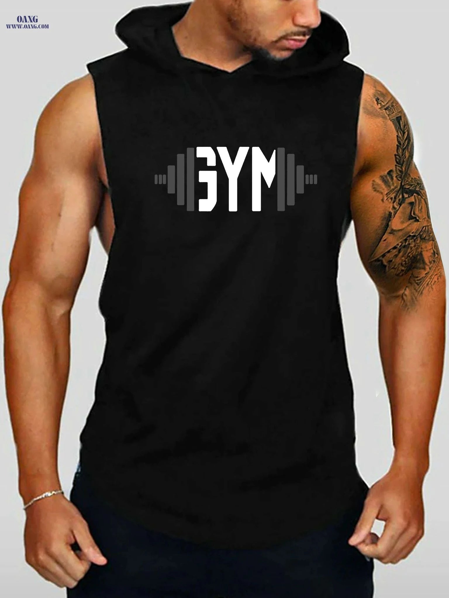 Men's Dumbbell Print Drawstring Hoodie - Casual Sleeveless Tank Top   OAXG Black / S
