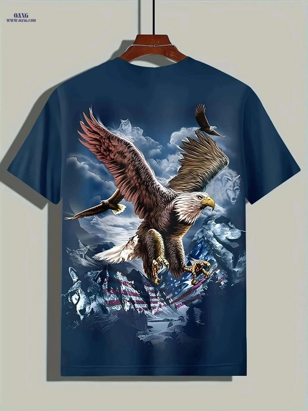Men's Eagle 3D Graphic T-Shirt - American Flag & Skyline Design   OAXG Sea Blue / S