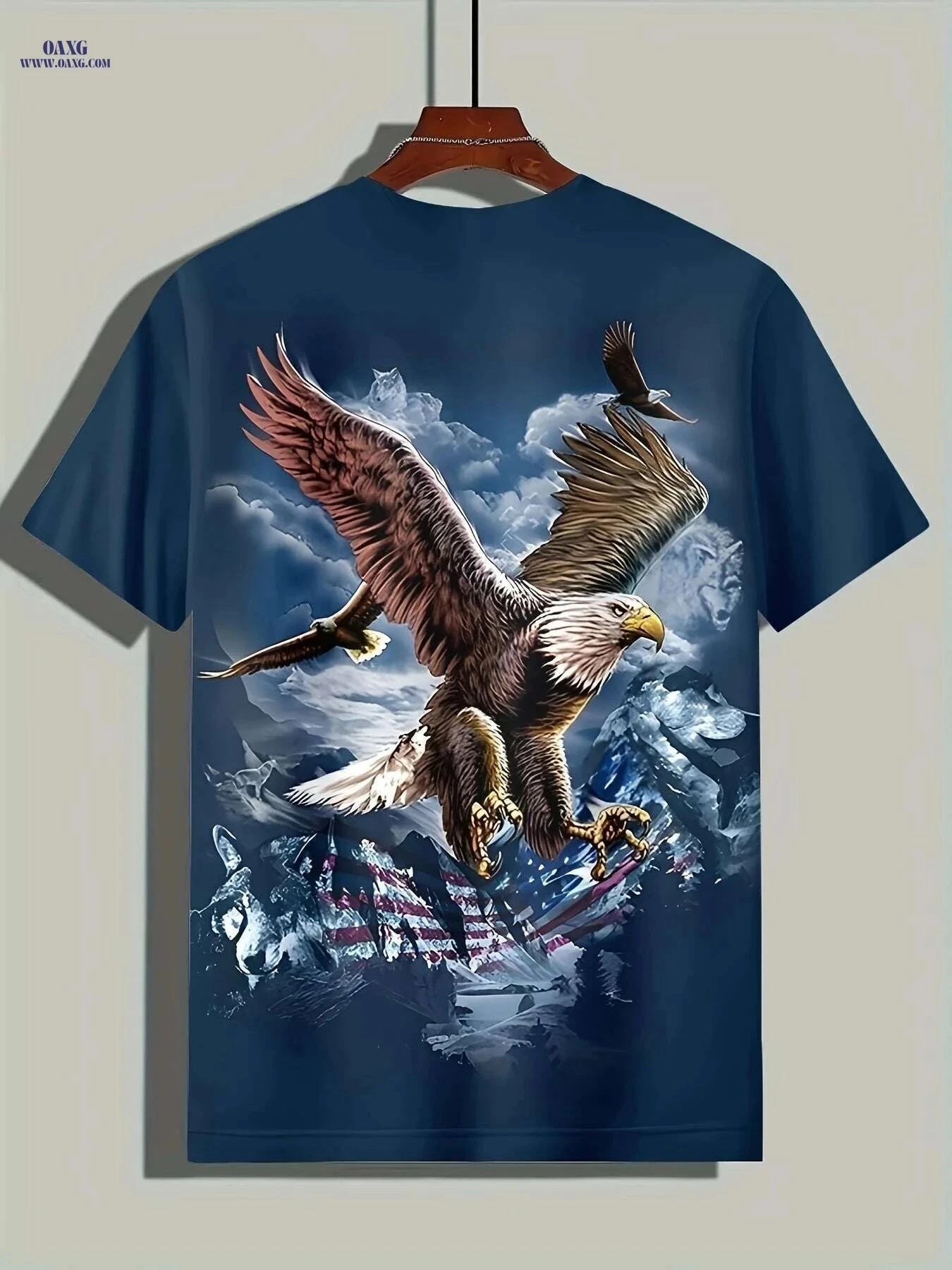 Men's Eagle 3D Graphic T-Shirt - American Flag & Skyline Design   OAXG Sea Blue / S