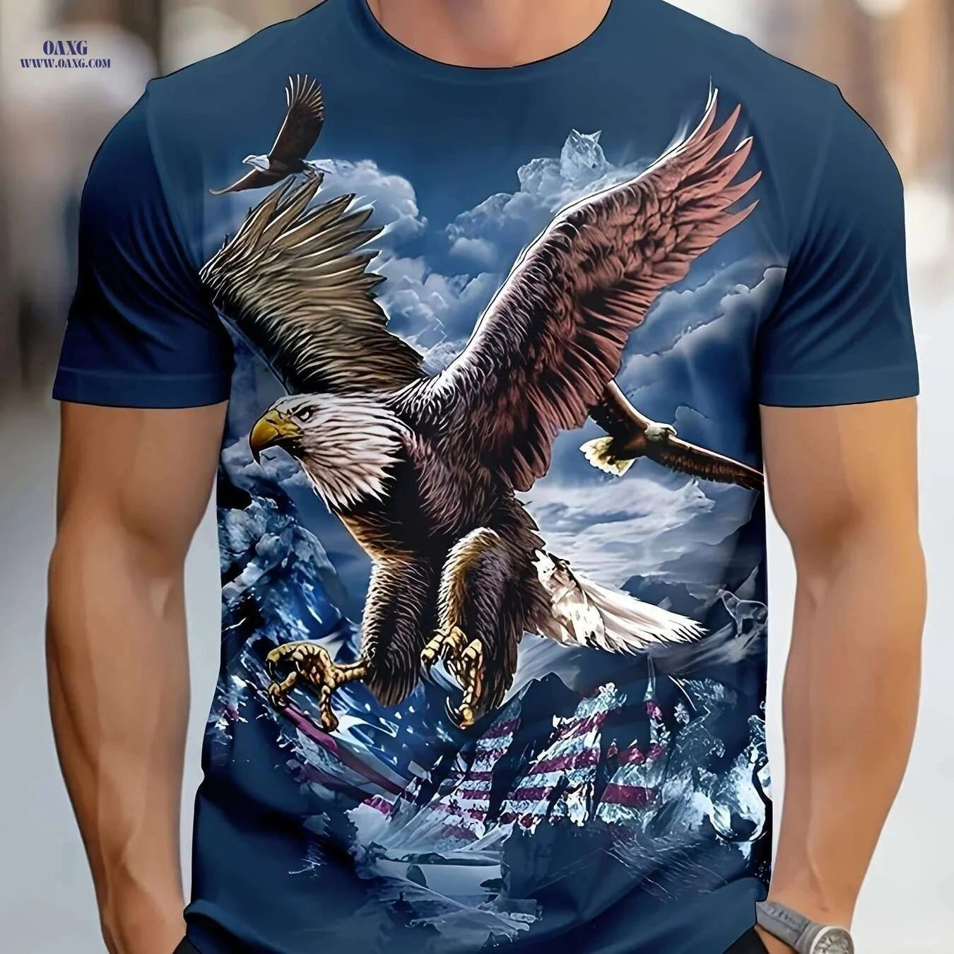 Men's Eagle 3D Graphic T-Shirt - American Flag & Skyline Design   OAXG Sea Blue / S