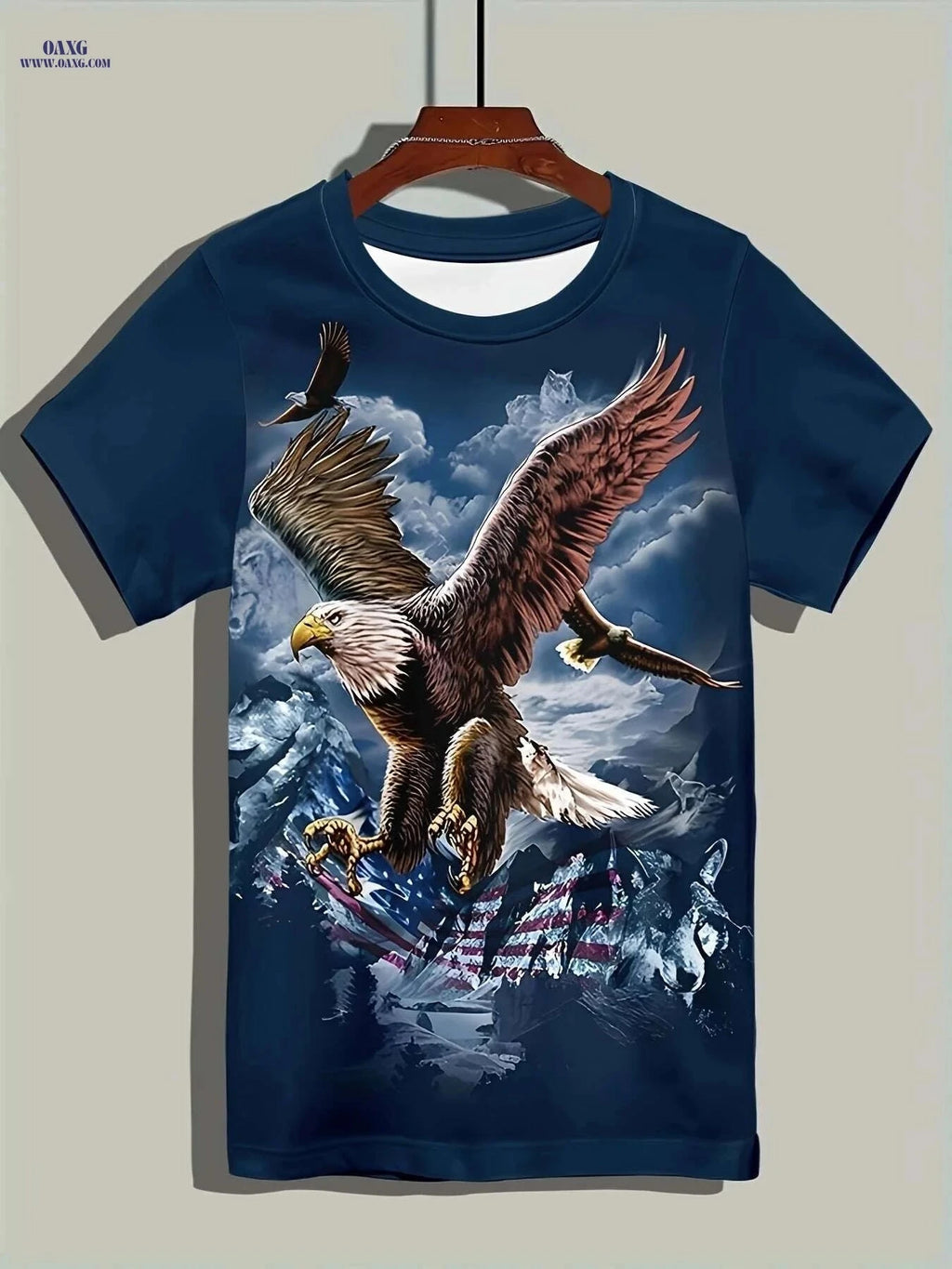 Men's Eagle 3D Graphic T-Shirt - American Flag & Skyline Design   OAXG Sea Blue / S