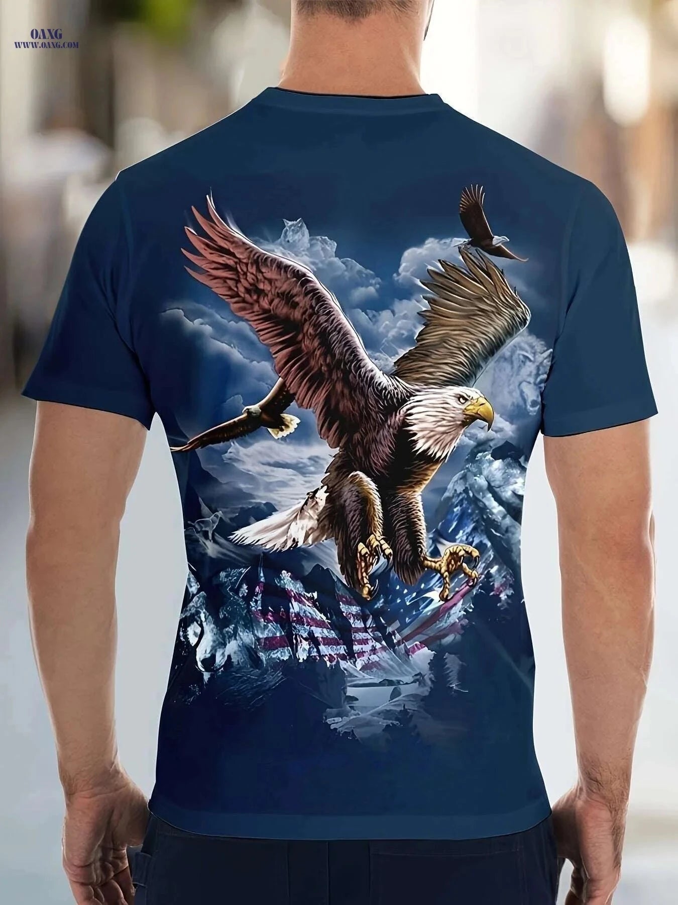 Men's Eagle 3D Graphic T-Shirt - American Flag & Skyline Design   OAXG Sea Blue / S