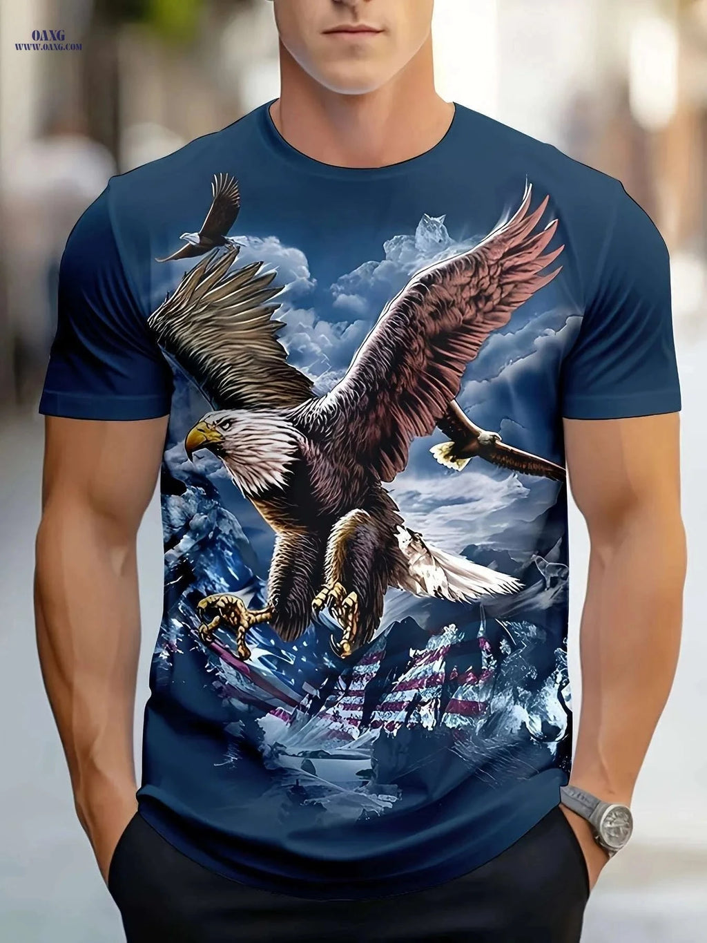 Men's Eagle 3D Graphic T-Shirt - American Flag & Skyline Design   OAXG Sea Blue / S