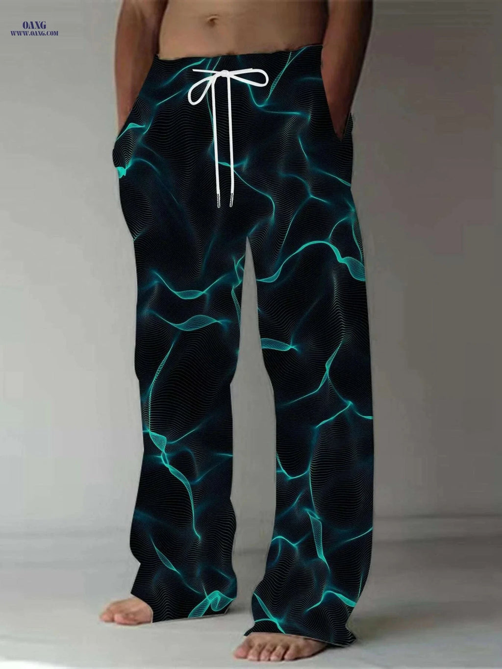 Men's Electric Blue Lightning Print Pants - Loose Fit, All-Season Comfort   OAXG 