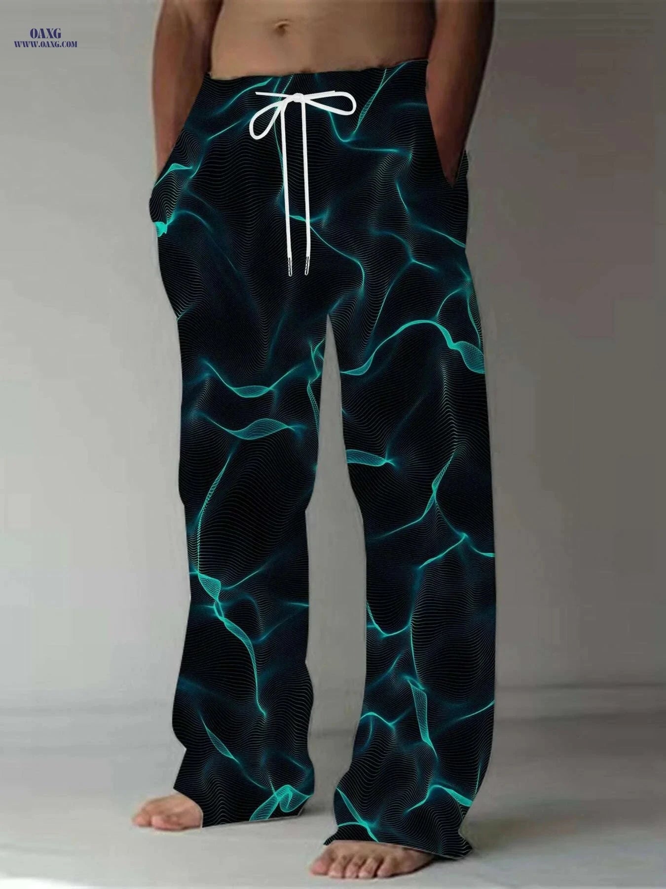 Men's Electric Blue Lightning Print Pants - Loose Fit, All-Season Comfort   OAXG 
