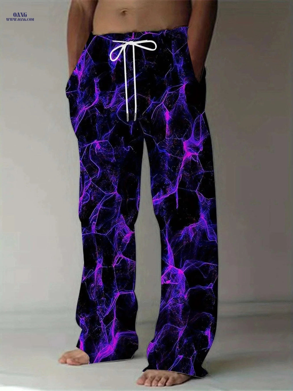 Men's Electric Blue Lightning Print Pants - Loose Fit, All-Season Comfort   OAXG Mixed Color 2 / M