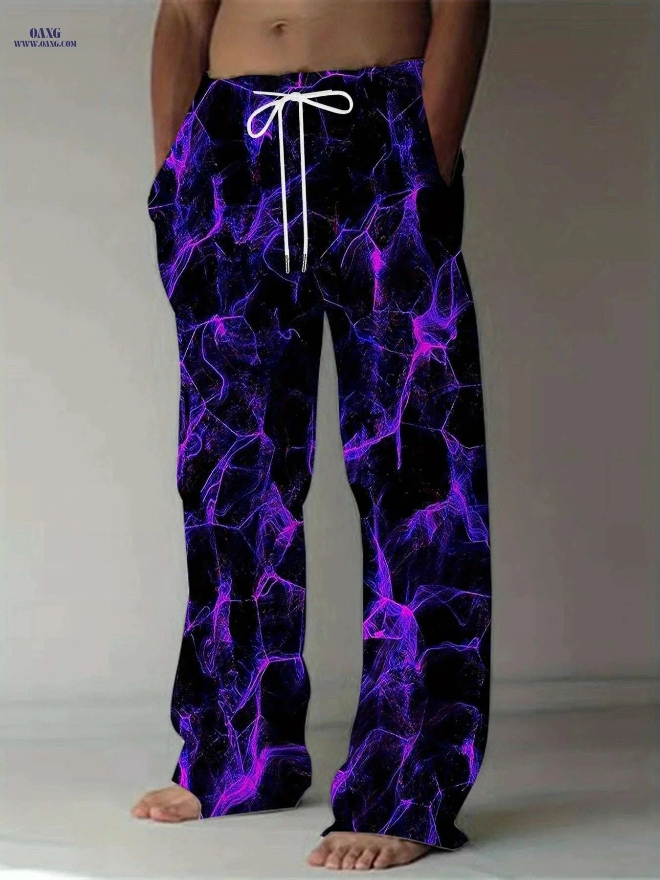Men's Electric Blue Lightning Print Pants - Loose Fit, All-Season Comfort   OAXG Mixed Color 2 / M