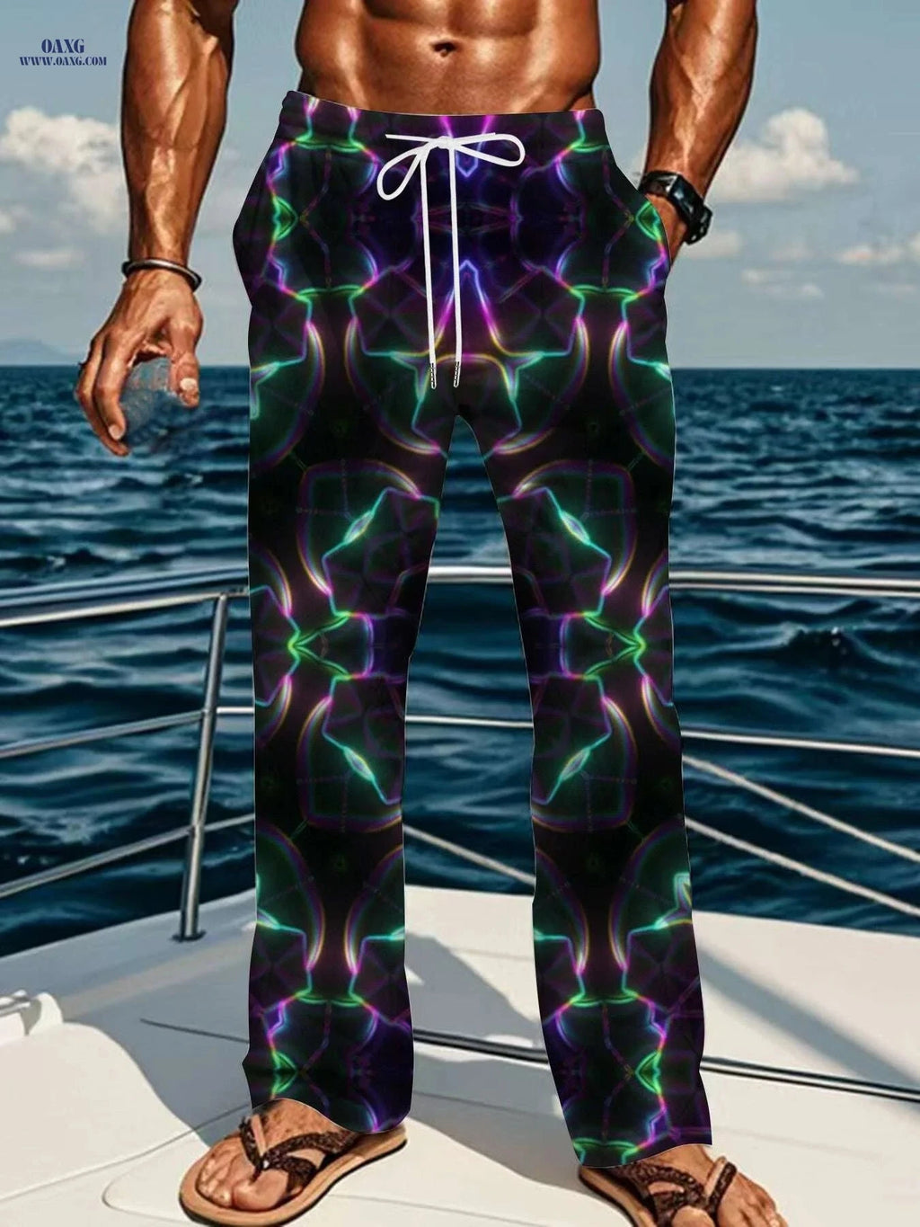 Men's Electric Blue Lightning Print Pants - Loose Fit, All-Season Comfort   OAXG Mixed Color 2 / M