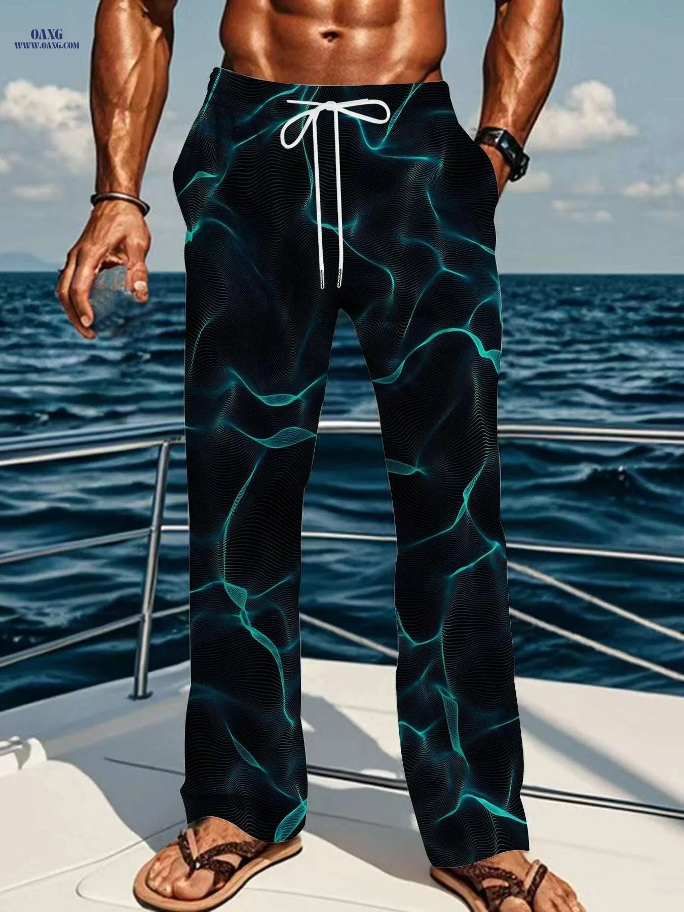 Men's Electric Blue Lightning Print Pants - Loose Fit, All-Season Comfort   OAXG Mixed Color 2 / M