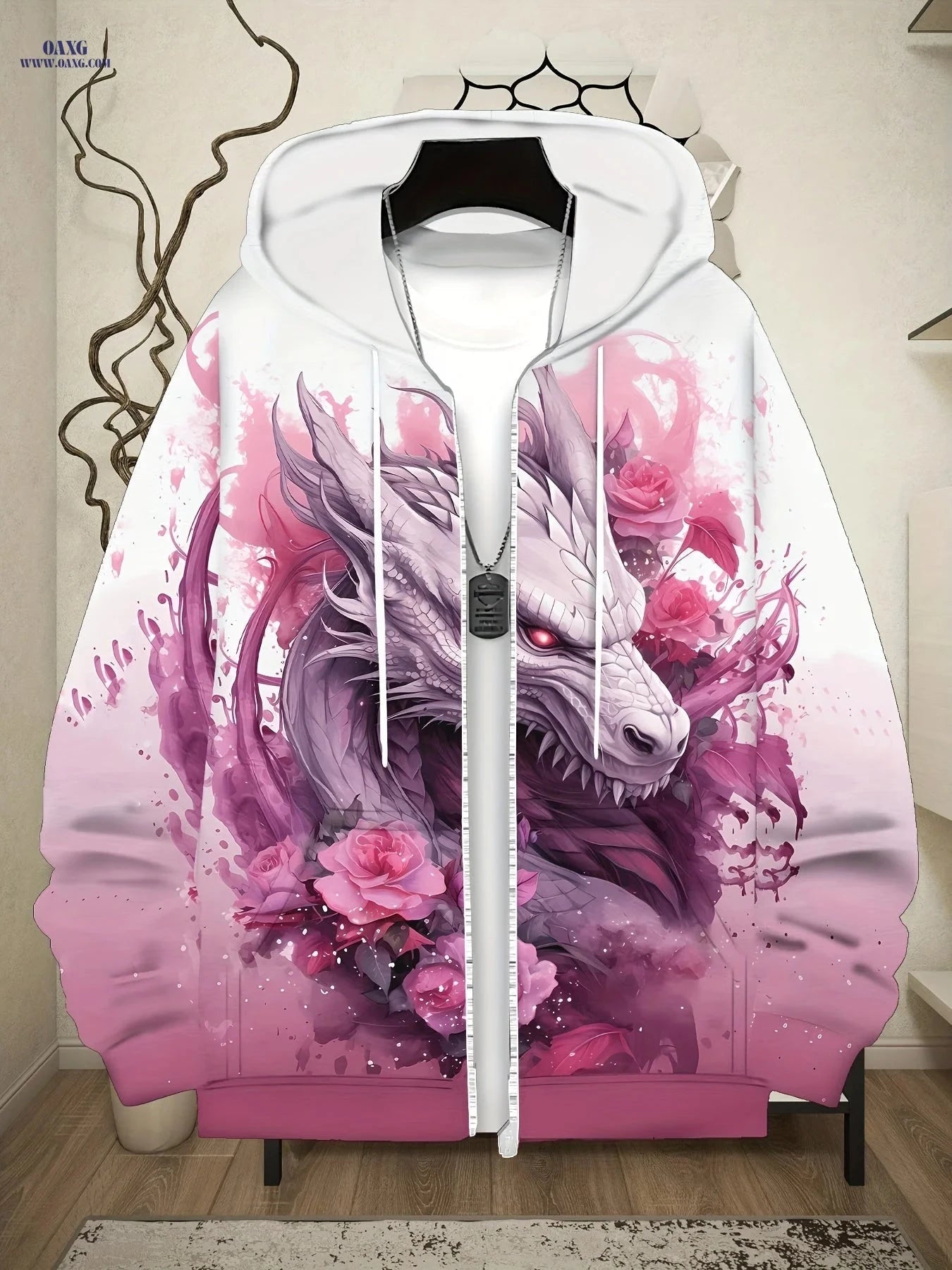 Men’s Elegant Dragon Floral Print Hoodie - Stylish Zip-Up for Fall/Winter   OAXG 【Multicolor】 / FR XL