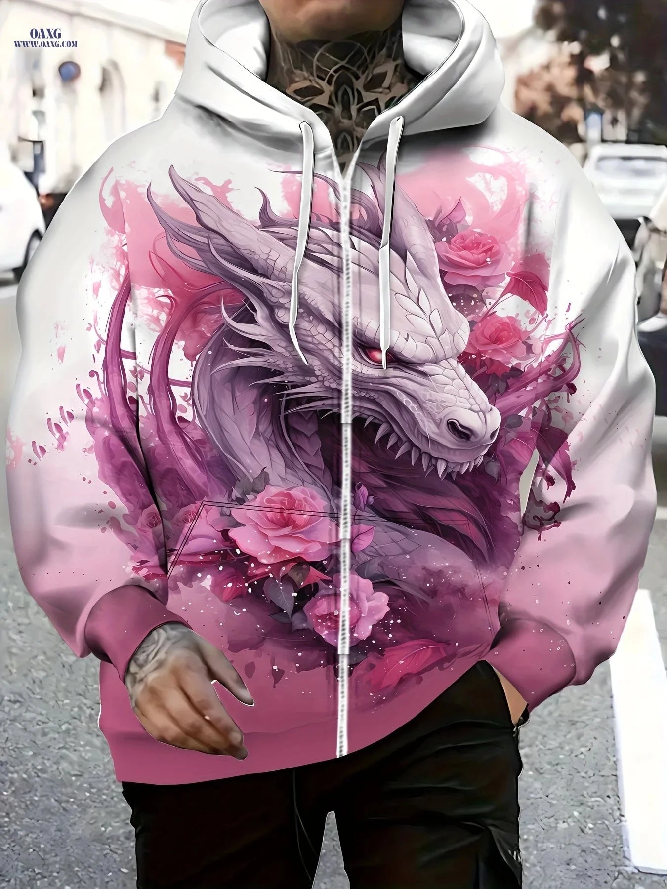 Men’s Elegant Dragon Floral Print Hoodie - Stylish Zip-Up for Fall/Winter   OAXG 