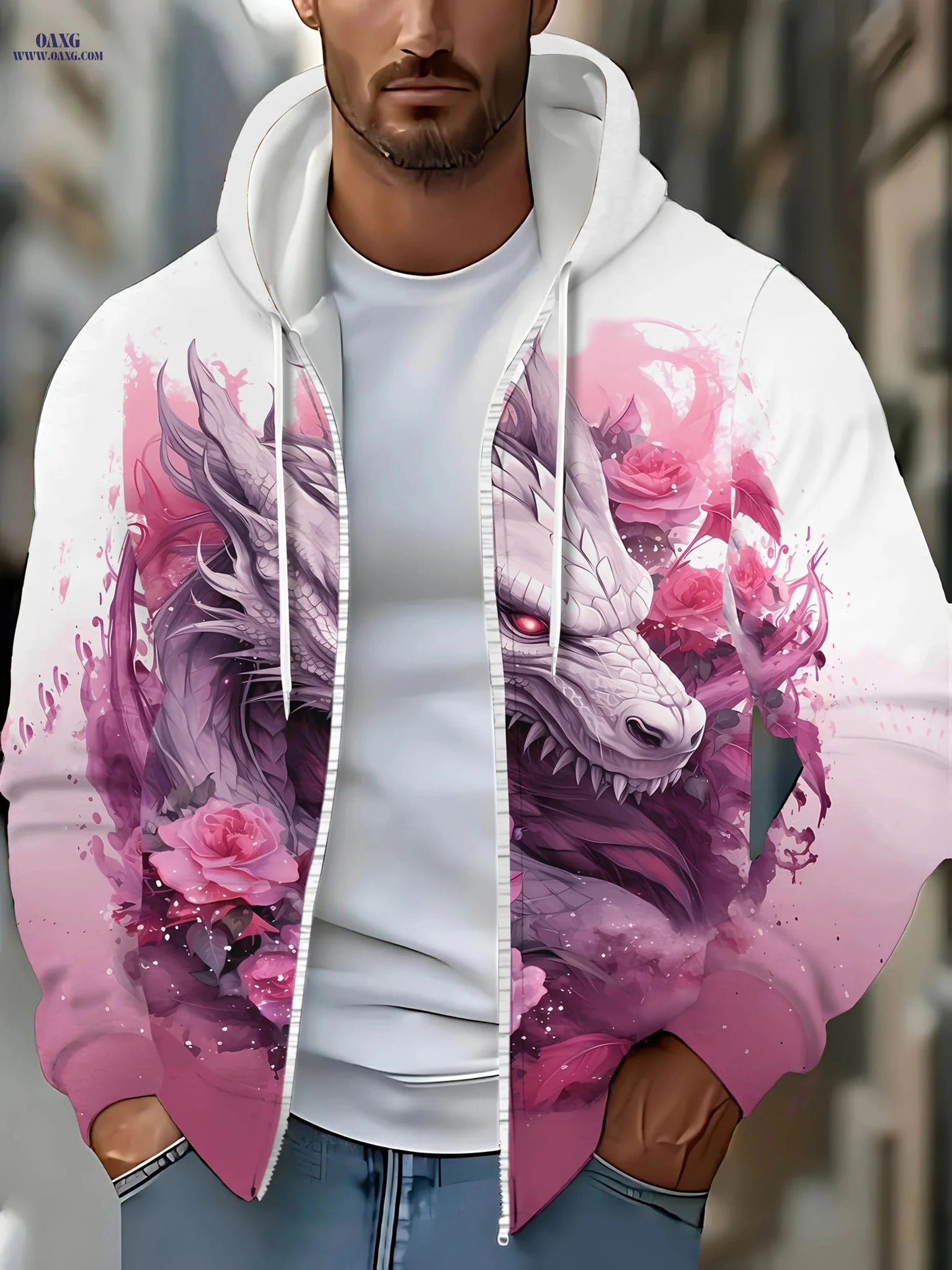 Men’s Elegant Dragon Floral Print Hoodie - Stylish Zip-Up for Fall/Winter   OAXG 