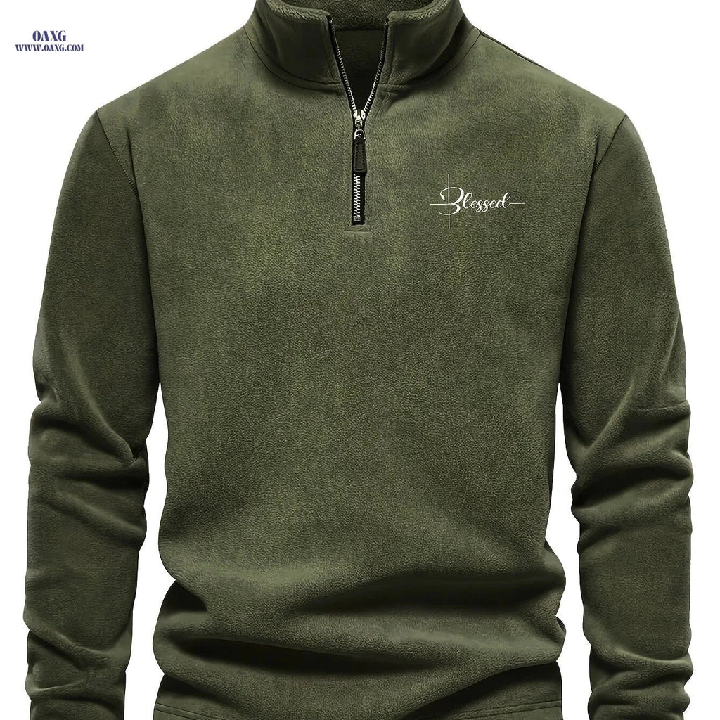 Men's Embroidered Fleece Pullover - Stylish Half-Zip Sweatshirt   OAXG Army Green / FR S
