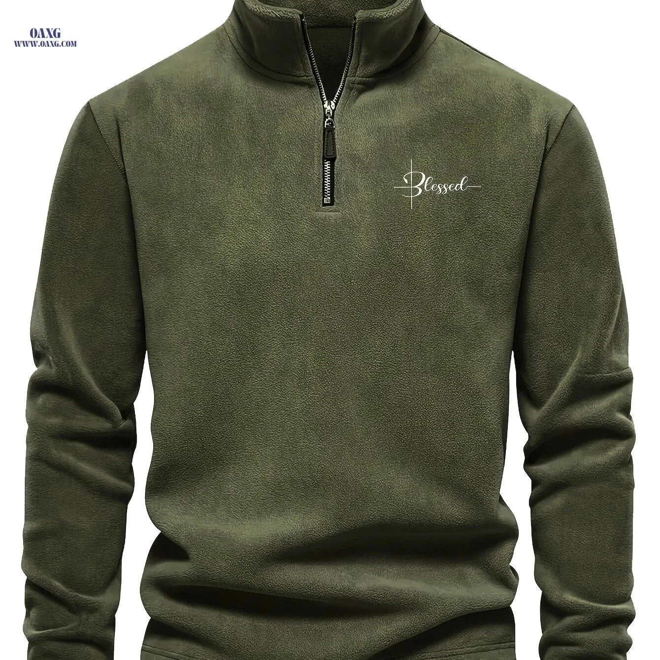 Men's Embroidered Fleece Pullover - Stylish Half-Zip Sweatshirt   OAXG Army Green / FR S