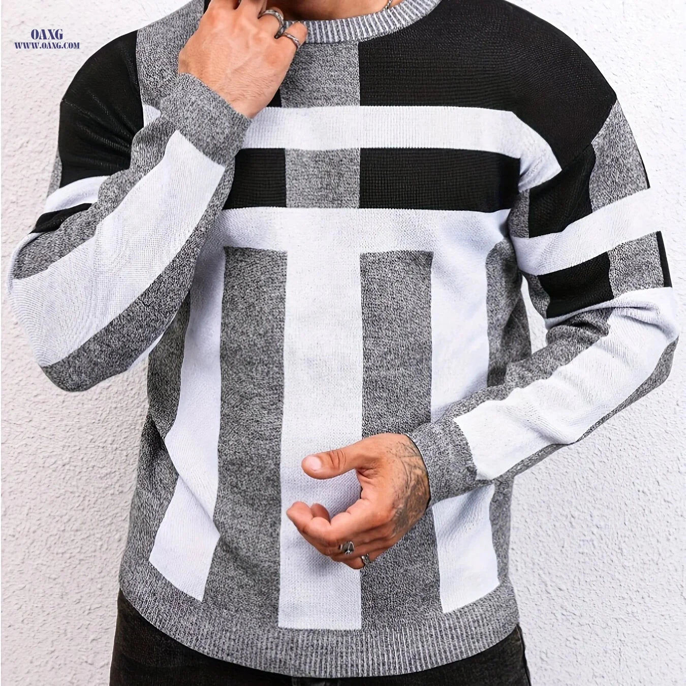 Men's Fashion Jacquard Pullover Sweater - Casual Crew Neck, Fall/Winter   OAXG 
