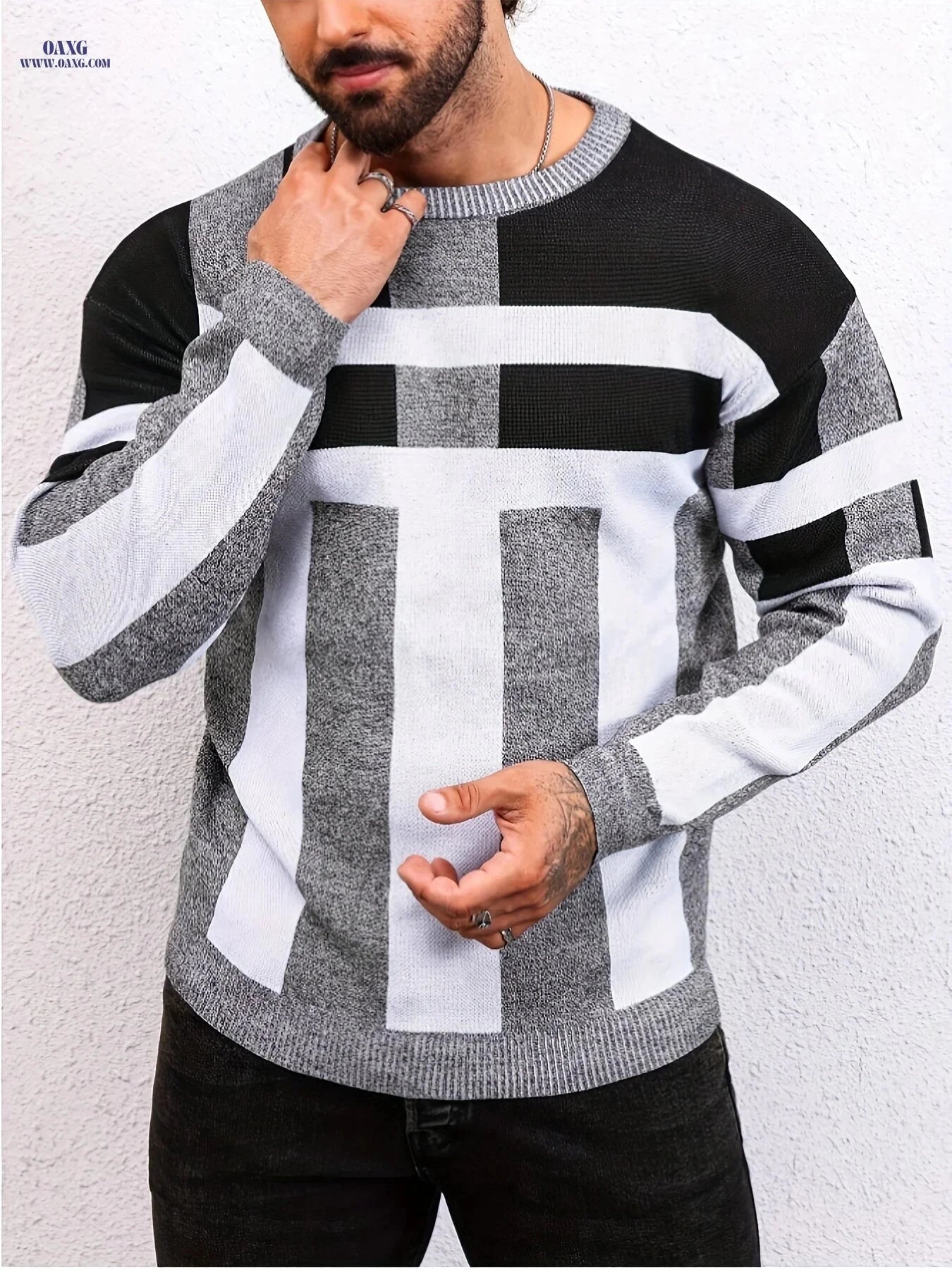 Men's Fashion Jacquard Pullover Sweater - Casual Round Neck Knit   OAXG 